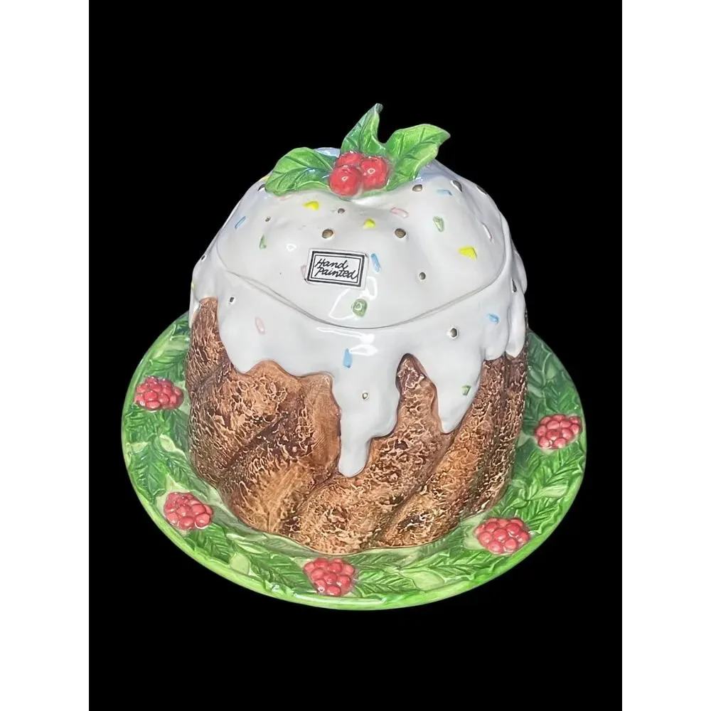 1993 Fitz & Floyd Hand Painted Plum Pudding Holly Leaves Christmas Cookie Jar